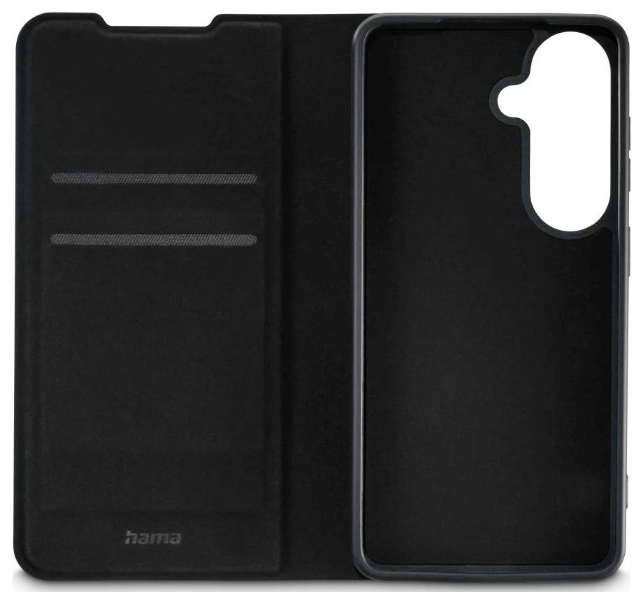 Sort flip phone case med kortslots på venstre side og en formet smartphone holder på højre side, vist åben på hvid baggrund.