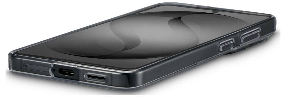 Sort smartphone vist i vinklet sidevisning med dobbelte knapper og opladningsport synlig.