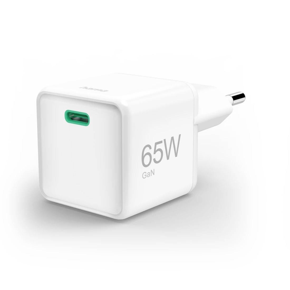 Hvid 65W GaN USB-vægoplader med en enkelt grøn USB-C-port og toleddet stik.