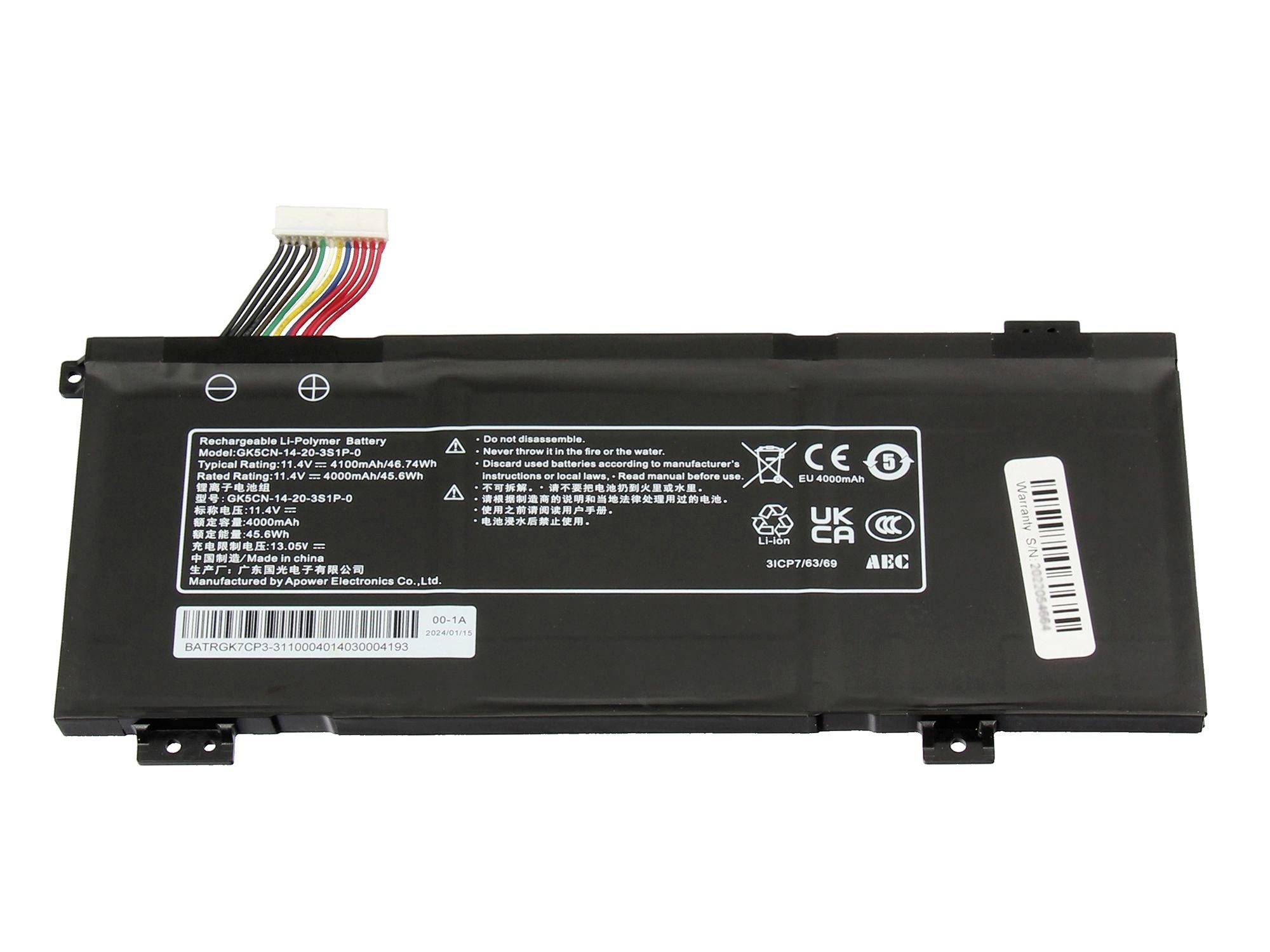 Sort genopladelig lithium-polymer bærbar computerbatteripakke med flerfarvet forbinderkabel og advarselsetiket, vist på en hvid baggrund.
