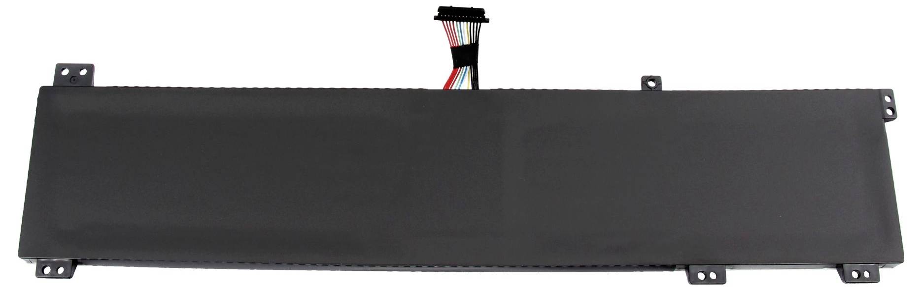 Lang sort rektangulær batteripakke med monteringstabs og en central ledningsforbindelse på hvid baggrund