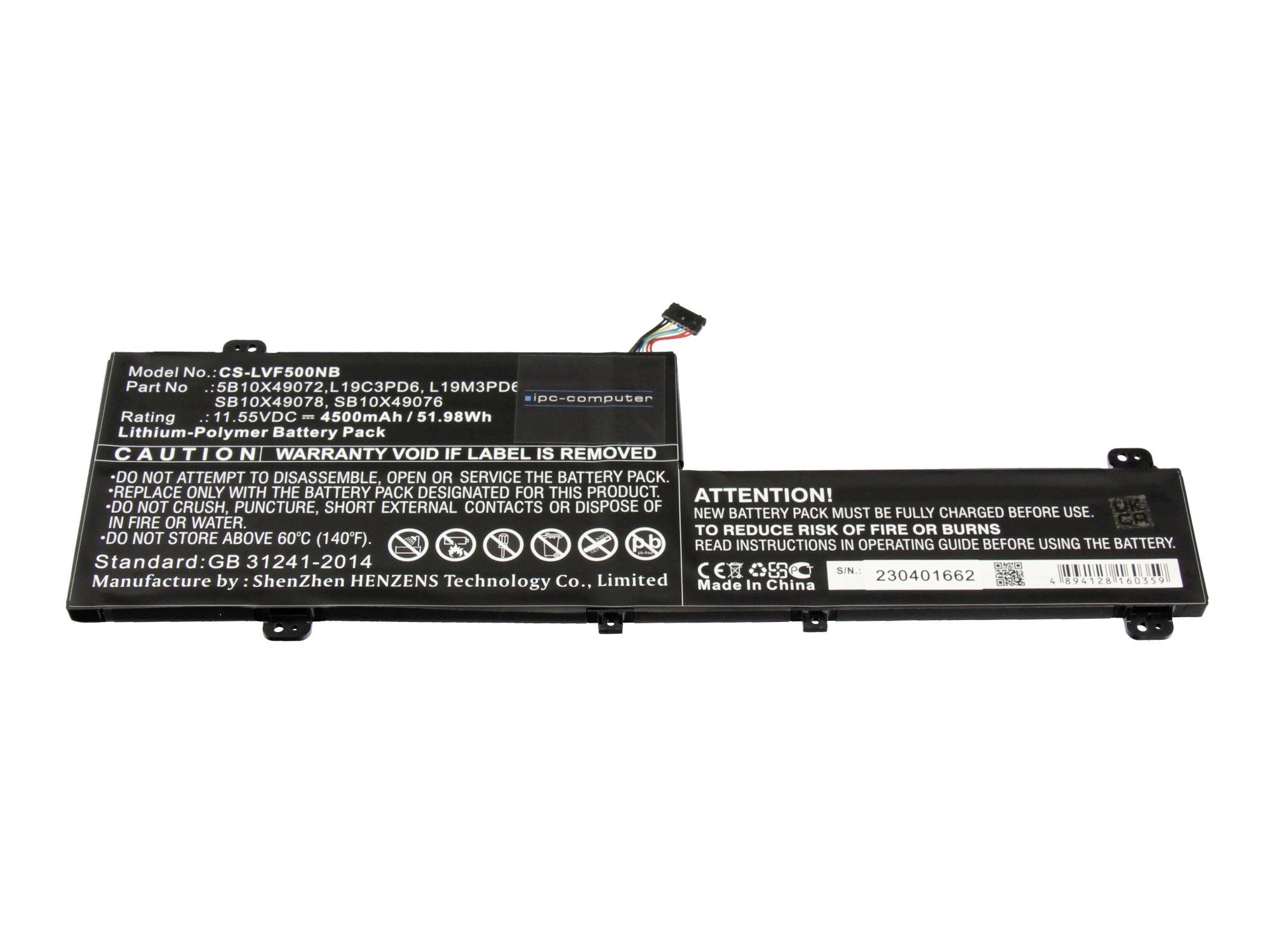 Sort bærbar computer-batteripakke med advarseletiketter og forbindelsesledninger vist på hvid baggrund.