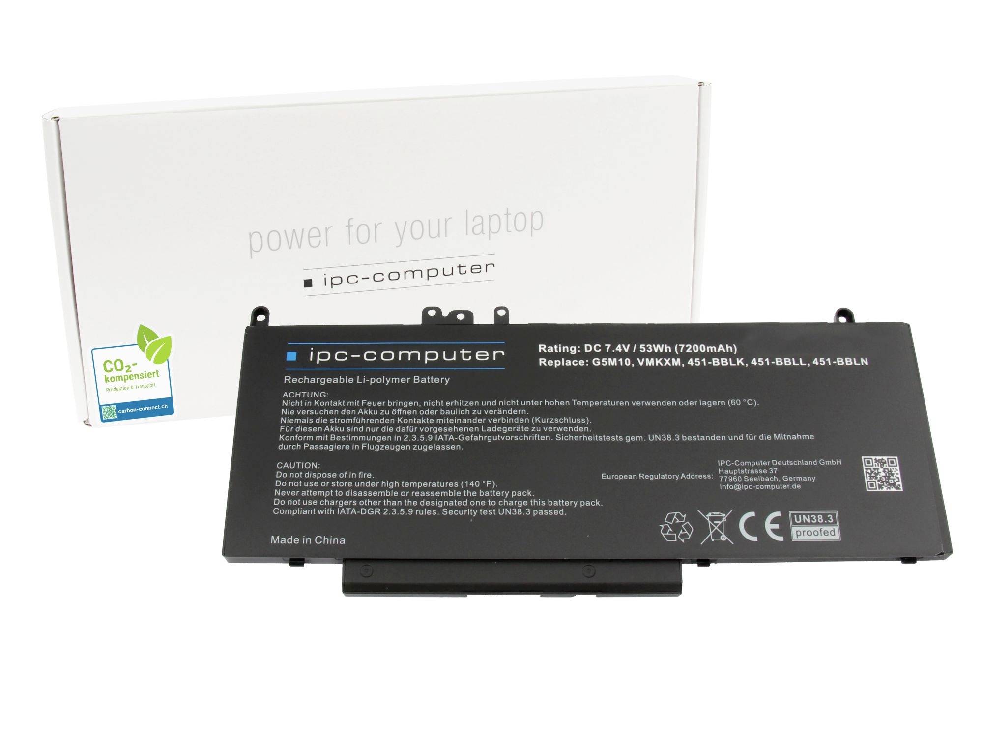 Erstatningsbatteri til bærbar computer foran dets hvide 'strøm til din bærbare computer'-emballage, mærket ipc-computer med model- og spændingsdetaljer.
