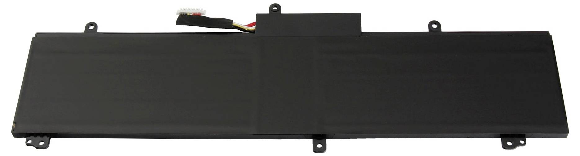 Langt sort rektangulært elektronisk panel med monteringstabs og en ledningskonnektor, sandsynligvis et display- eller batterimodul.