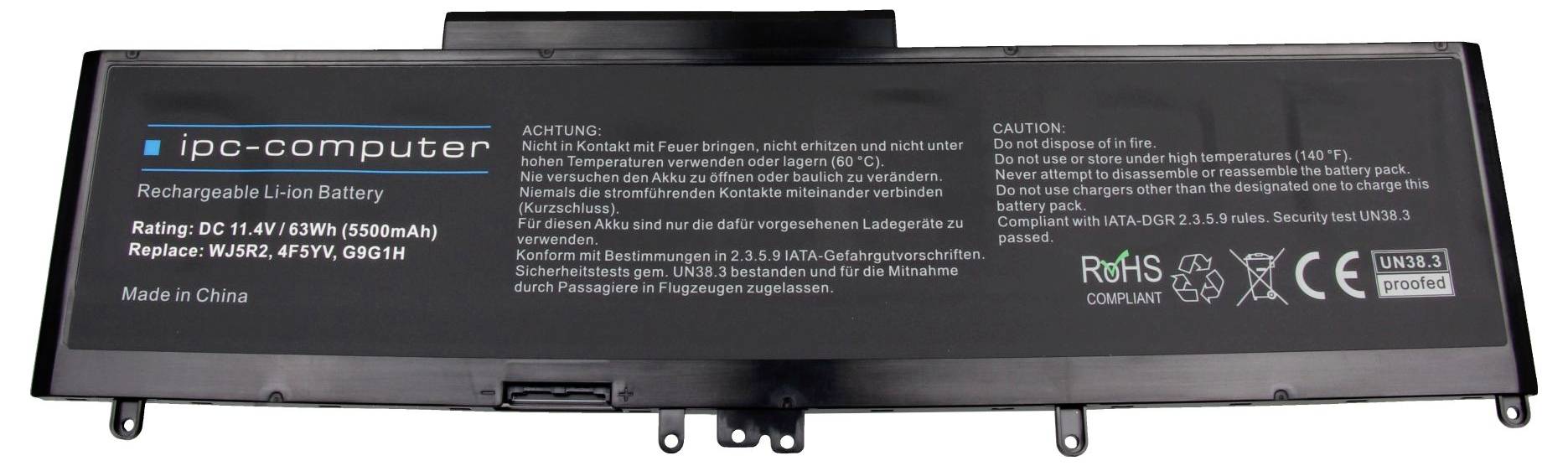 Sort erstatningsbærbar computerbatteri mærket 'ipc-computer', med sikkerhedsadvarsler og certificeringsmærker på en rektangulær batteripack.