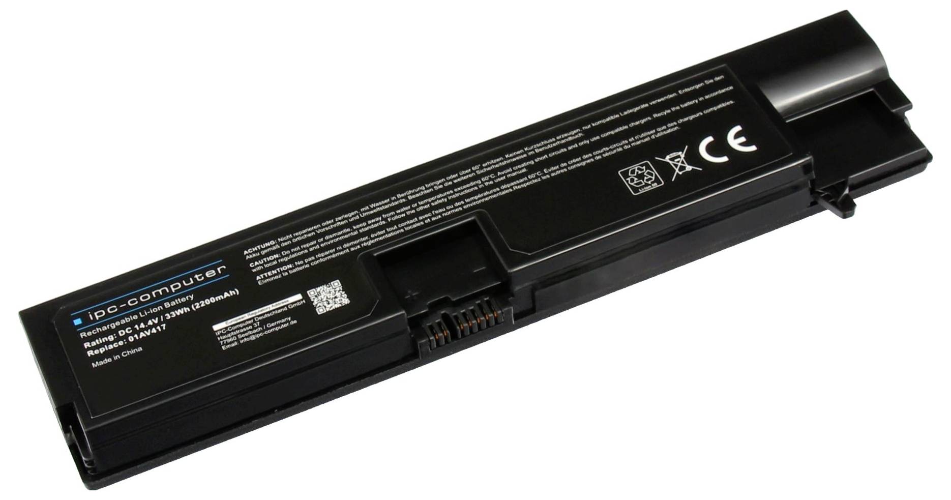 Sort bærbar computerbatteripakke mærket 'ipc-computer' vist på hvid baggrund, angivet diagonalt med synlige stikkontakter.