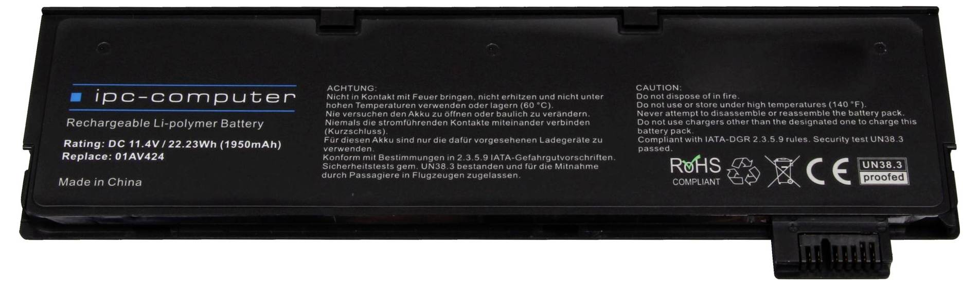 Bærbar batteripakke mærket 'ipc-computer' med tekniske specifikationer og sikkerhedsadvarsler trykt på et sort hus.
