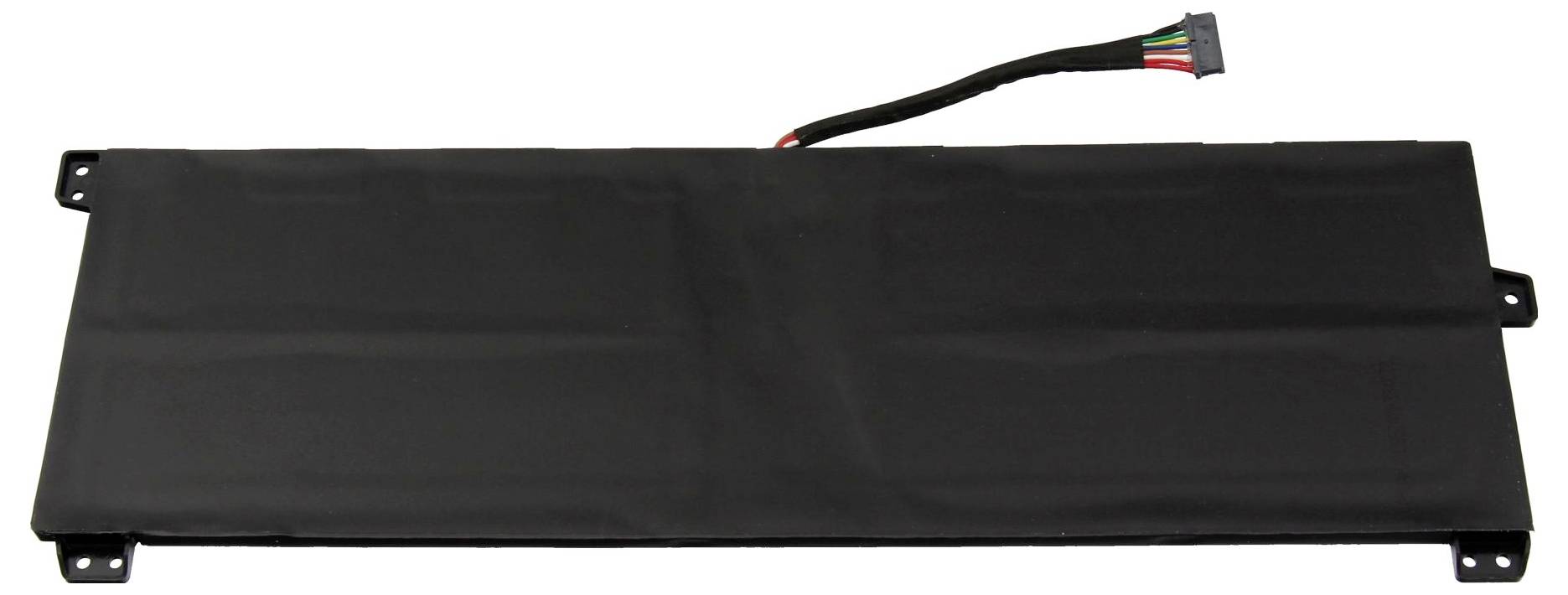 Sort rektangulær elektronisk batteripakke med tilsluttet kabel og monteringsfaner på hvid baggrund.