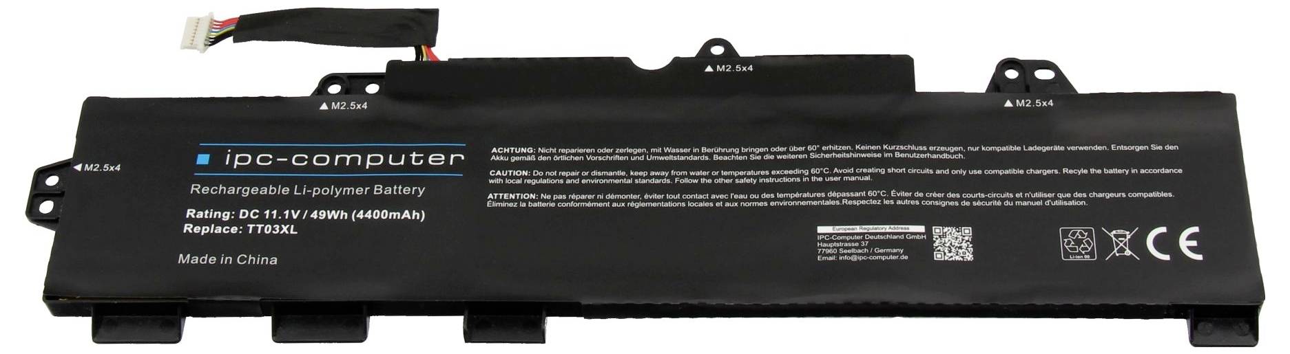 Sort bærbar computerbatteripakke mærket ip-computer, 10,8V 4400mAh, med advarselstekst og stik på hvid baggrund.