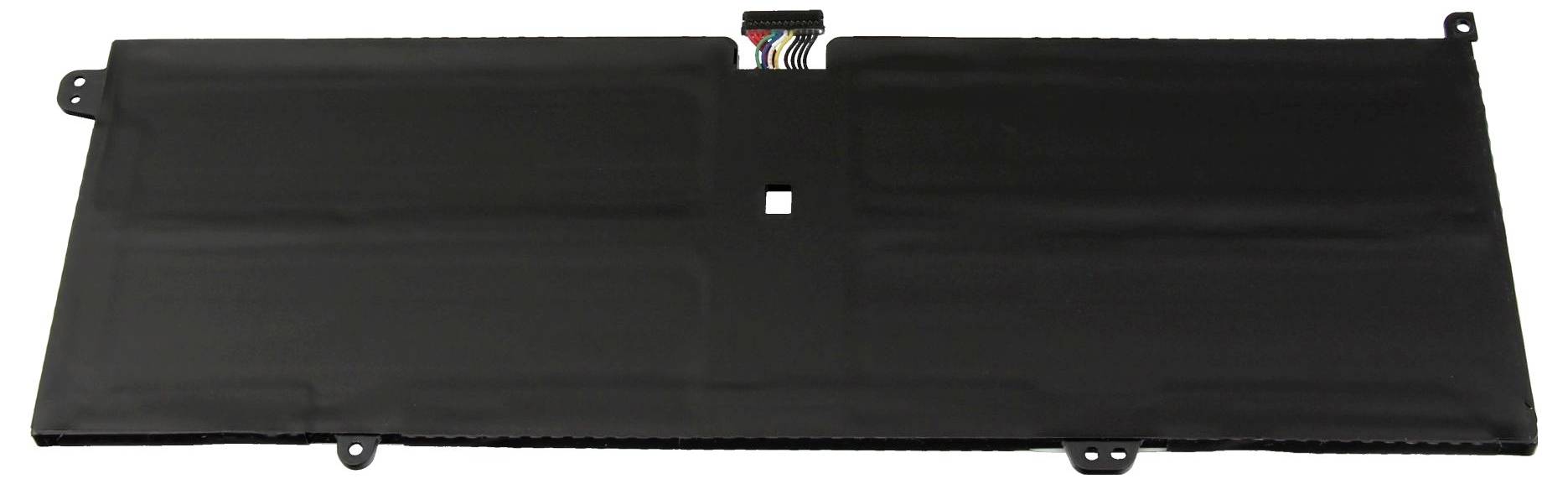 Sort rektangulær bærbar computer batteripakning med stiftforbindelser og monteringspunkter, vist isoleret på hvid baggrund.