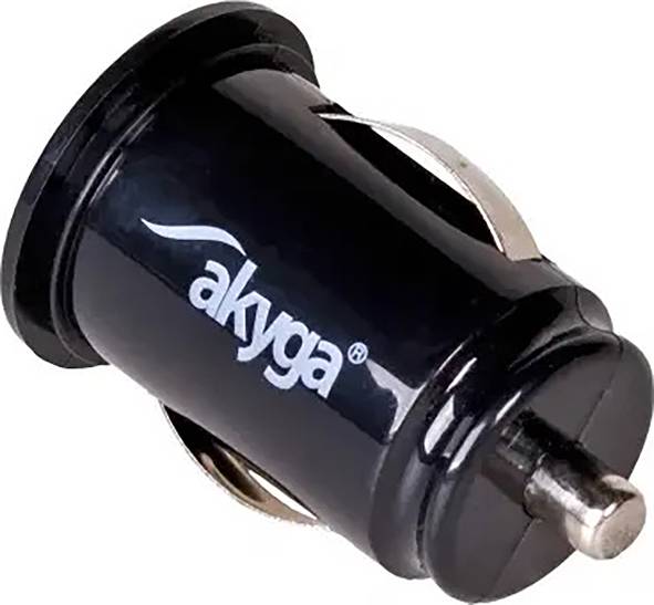 Sort cylindrisk bilopladeradapter med "akyga"-logo og metalforbindelse med USB-stil på hvid baggrund