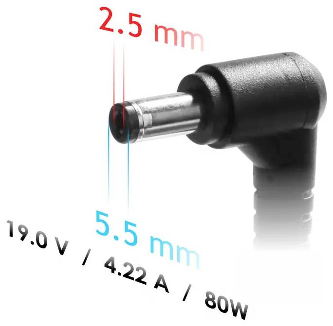 Vinklet DC-strømstik mærket 2,5 mm og 5,5 mm, med specifikationer 19,0 V, 4,22 A, 80 W.