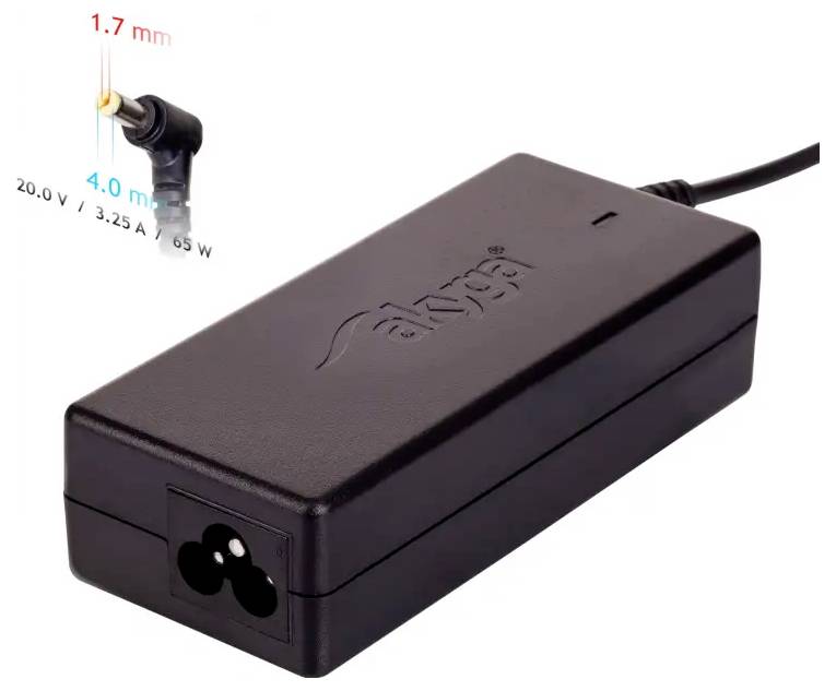 Sort bærbar strømadapter med vinklet cylinderformet stik, mærket 20.0 V 3.25 A 65 W, og spidsestørrelse indsats der viser 4.0 mm x 1.7 mm.