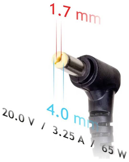 Retvinlet DC-strømstik med dimensioner mærket 1,7 mm og 4,0 mm, og specifikationer 20,0 V, 3,25 A, 65 W.