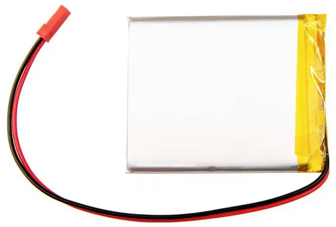 Fladt lithium polymer batteri med røde og sorte forbindelsesledninger på hvid baggrund