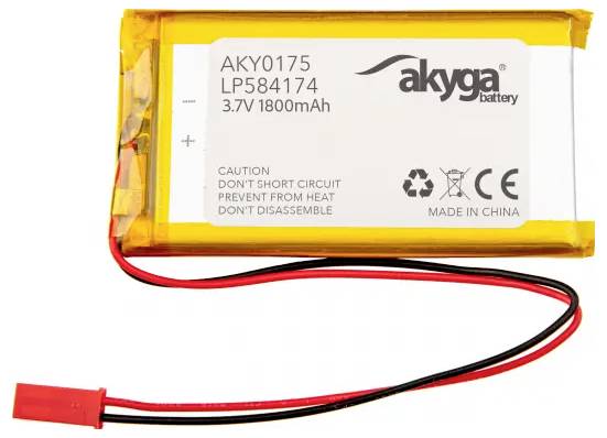 Akyga 3.7V 1800mAh lithium polymer batteripack med røde og sorte ledninger og stikforbinder
