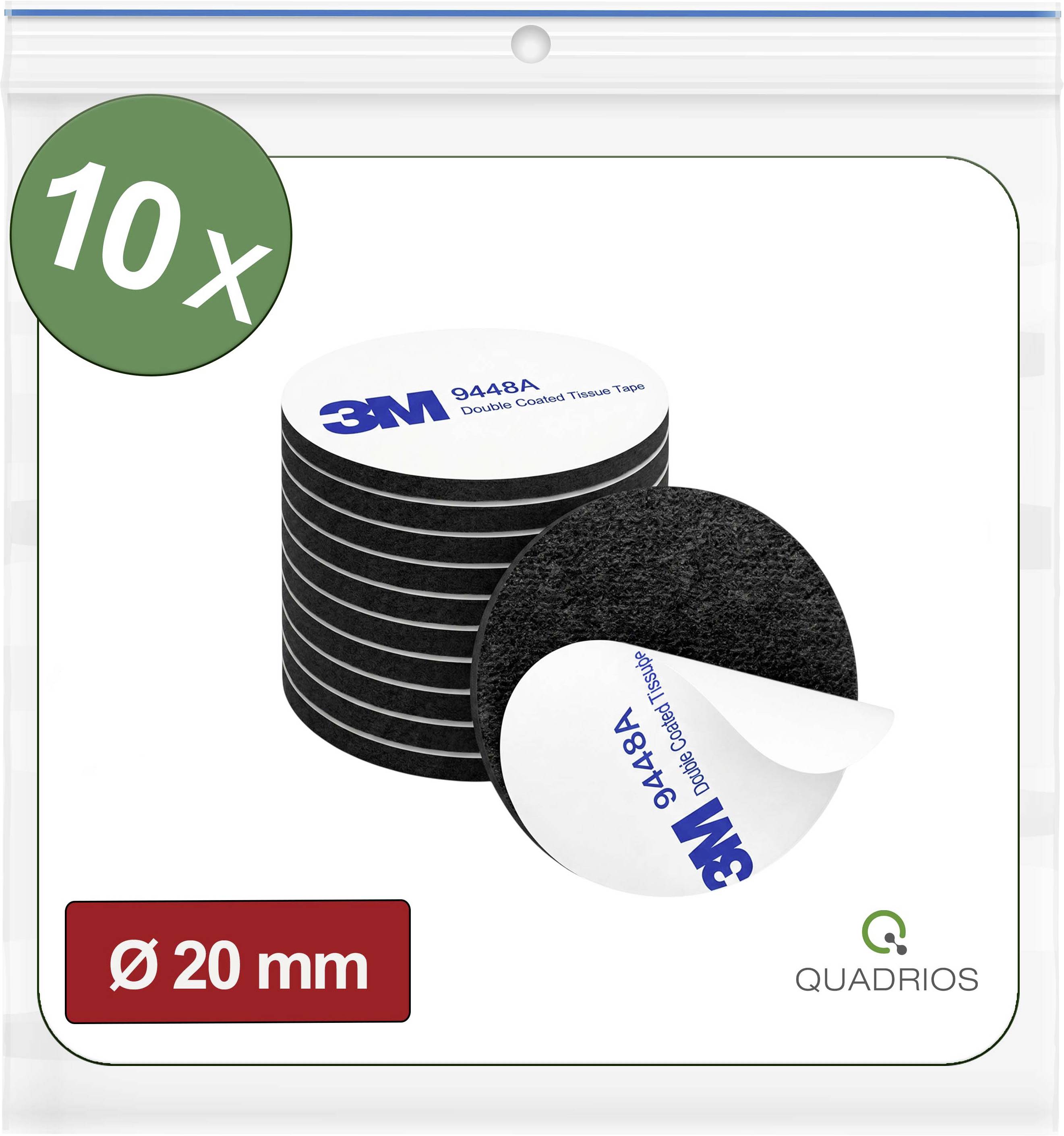 Produktbillede af 3M 9448A dobbeltklæbet vævstape, 20 mm diameter, vist som en 10x-pakke i Quadrios-mærkning.