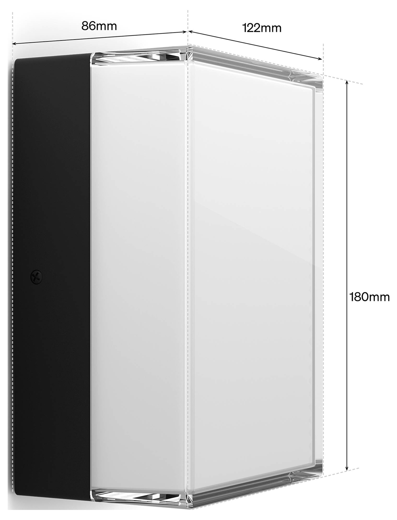 En rektangulær væglampe vist i perspektiv med dimensioner på 86 mm, 122 mm og 180 mm.