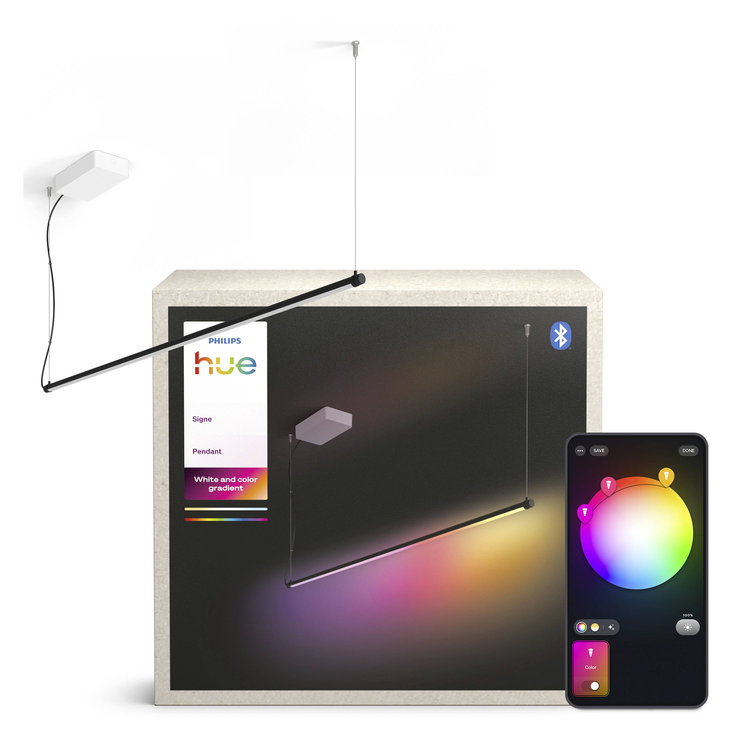 Philips Hue hvid- og farvegradient-hængelampe med ophængningsstang, Bluetooth-symbol og farvestyring-app på en smartphone.