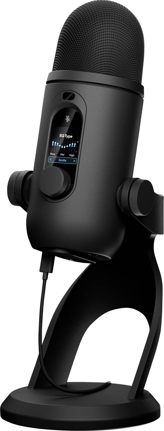 Sort USB-kondensermikrofon på et skrivebordsstativ, med en lille frontdisplay og forbundet kabel.