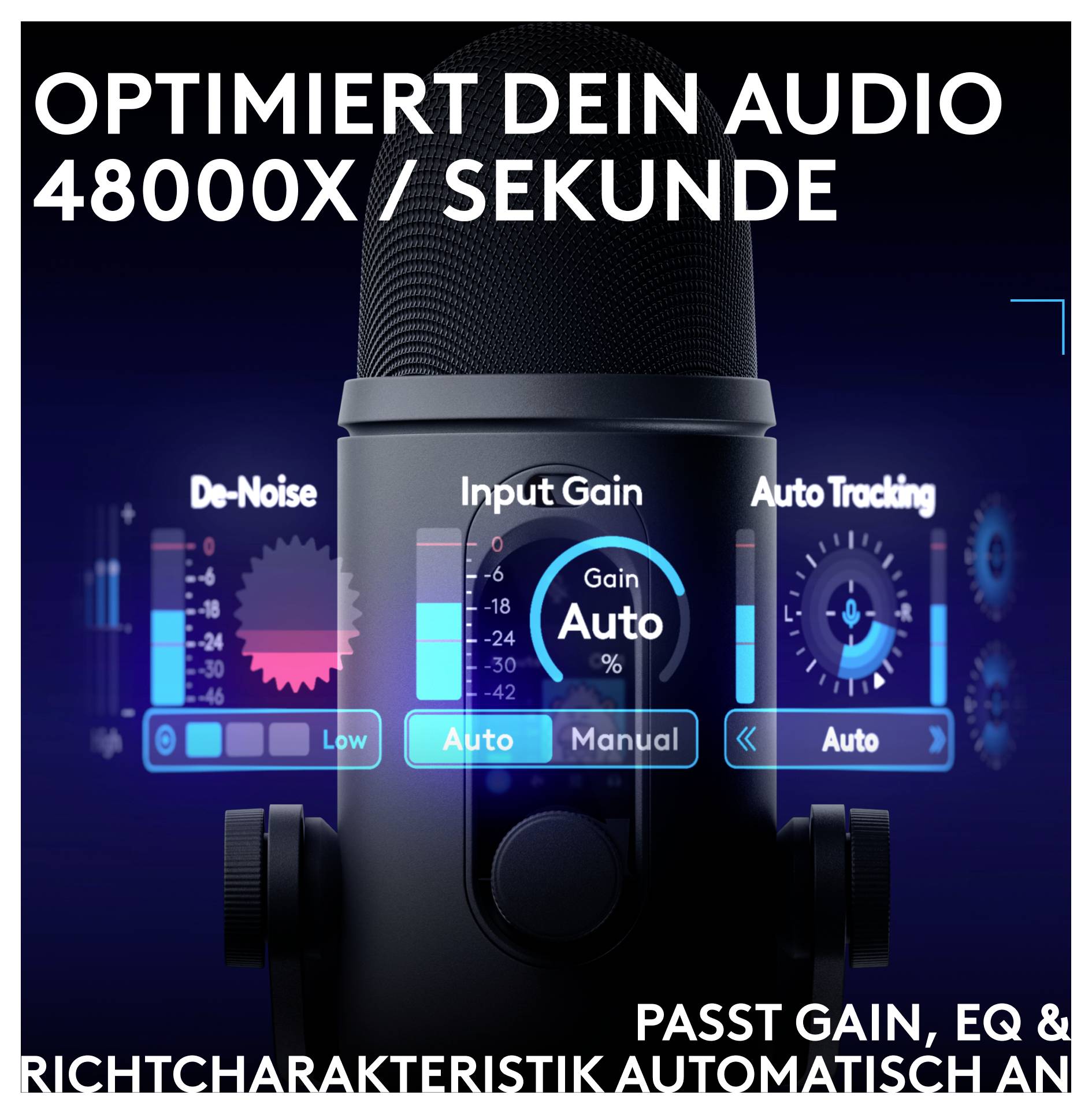 Promobillede af en mikrofon med skærmkontroller til 'De-Noise', 'Input Gain' indstillet til 'Auto' og 'Auto Tracking'; headline på tysk siger 'Optimiert dein Audio 48000X / Sekunde'.