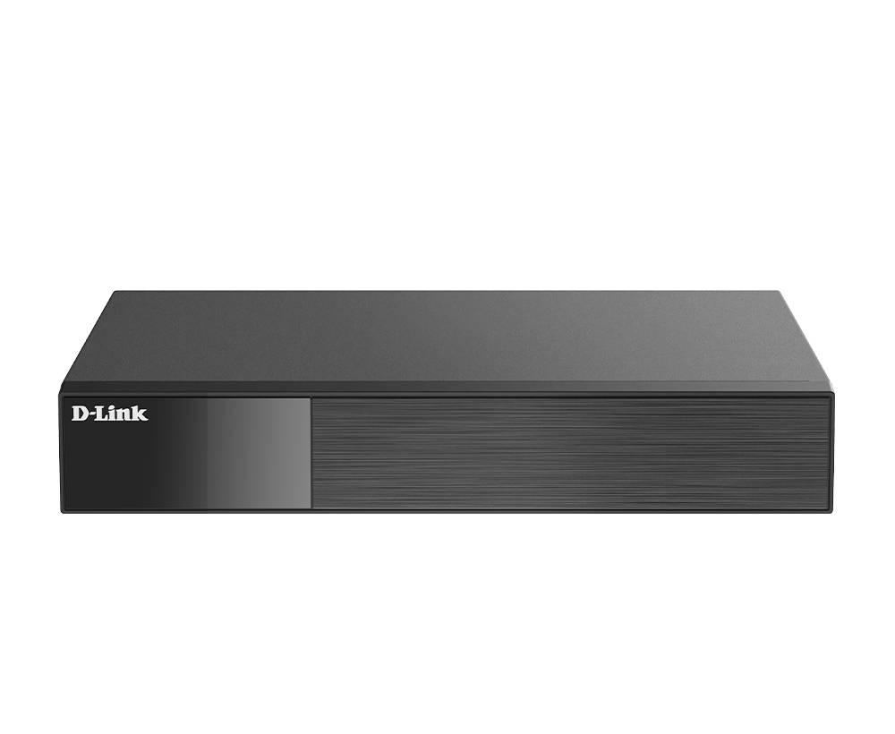 D-Link sort rektangulær netværksenhed eller router, forside på hvid baggrund.