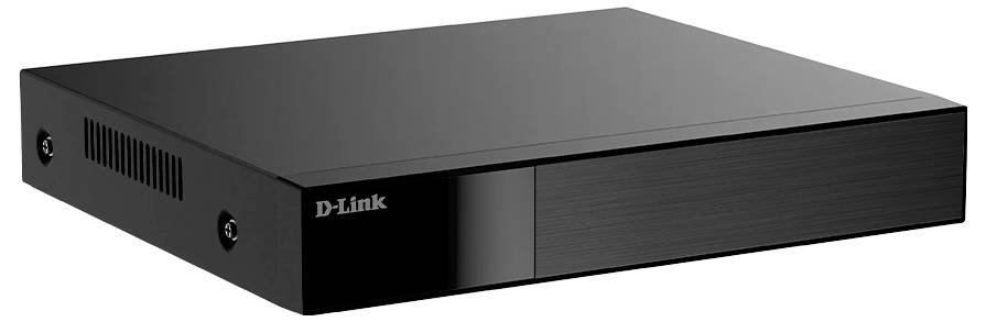Sort D-Link netværksudstyr, sandsynligvis en router eller switch, vist i perspektiv på hvid baggrund.