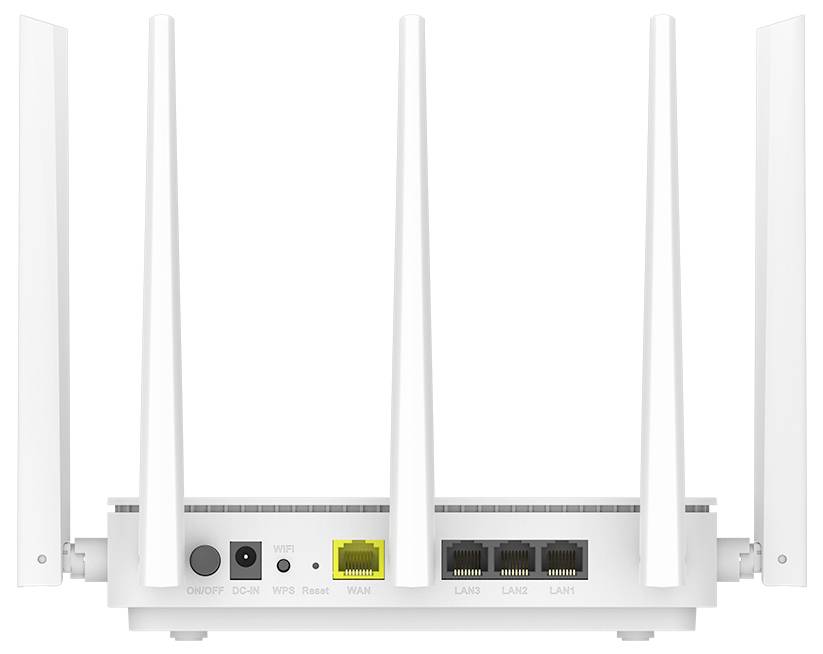 Hvid Wi‑Fi-router med fire antenner, der viser bagporten og mærkater for TÆND/SLUK, DC-input, WPS, Nulstil, WAN og LAN1–LAN3.