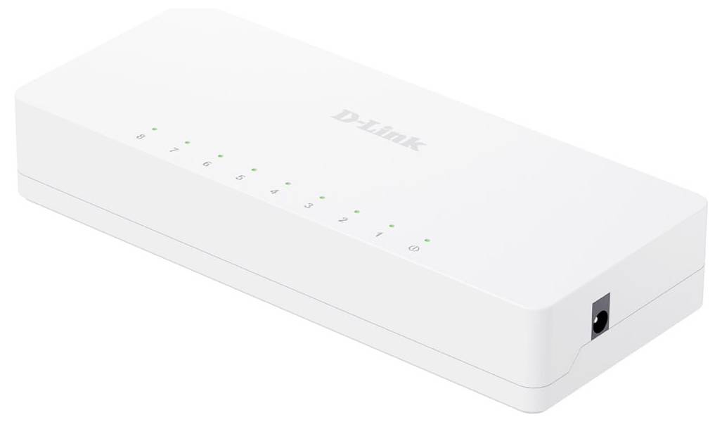 Hvidt D-Link netværksswitch med flere grønne statuslys på toppen og en strømport på højre side.