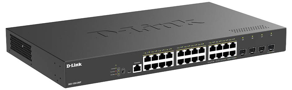 D-Link 24-ports Ethernet-netværksswitch med statuslys og uplink-porte på frontpanelet.