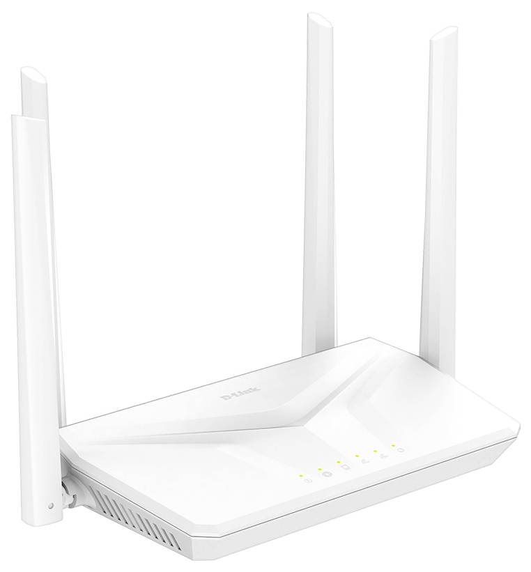 Hvid trådløs router med fire eksterne antenner og statusindikatorer på fronten på en simpel baggrund.
