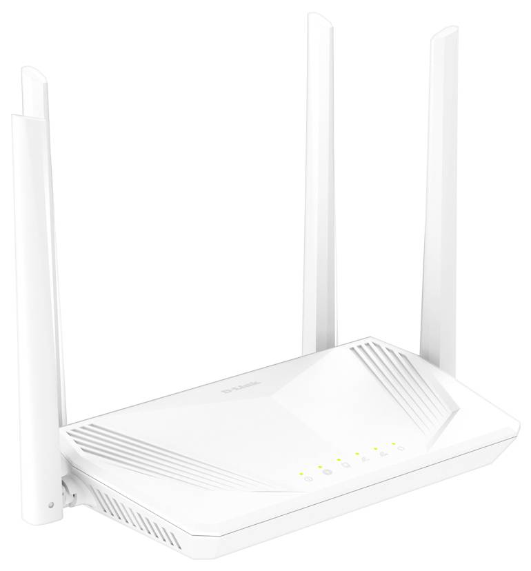 Hvid Wi-Fi router med fire antenner og tændte status-LED'er på en ensfarvet baggrund.