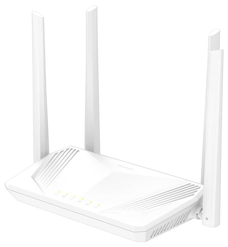 Hvid Wi-Fi-router med fire eksterne antenner og oplyst status-LED'er, vist på en hvid baggrund.
