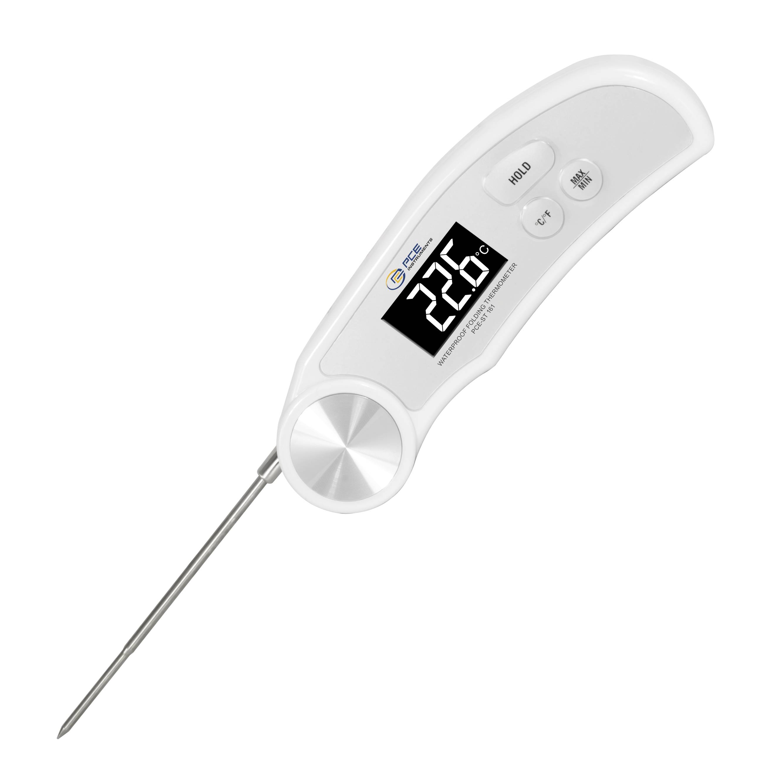 Hvid digital sondetetermometer, der viser 20,0°C på displayet, med hold- og enhedsknapper.