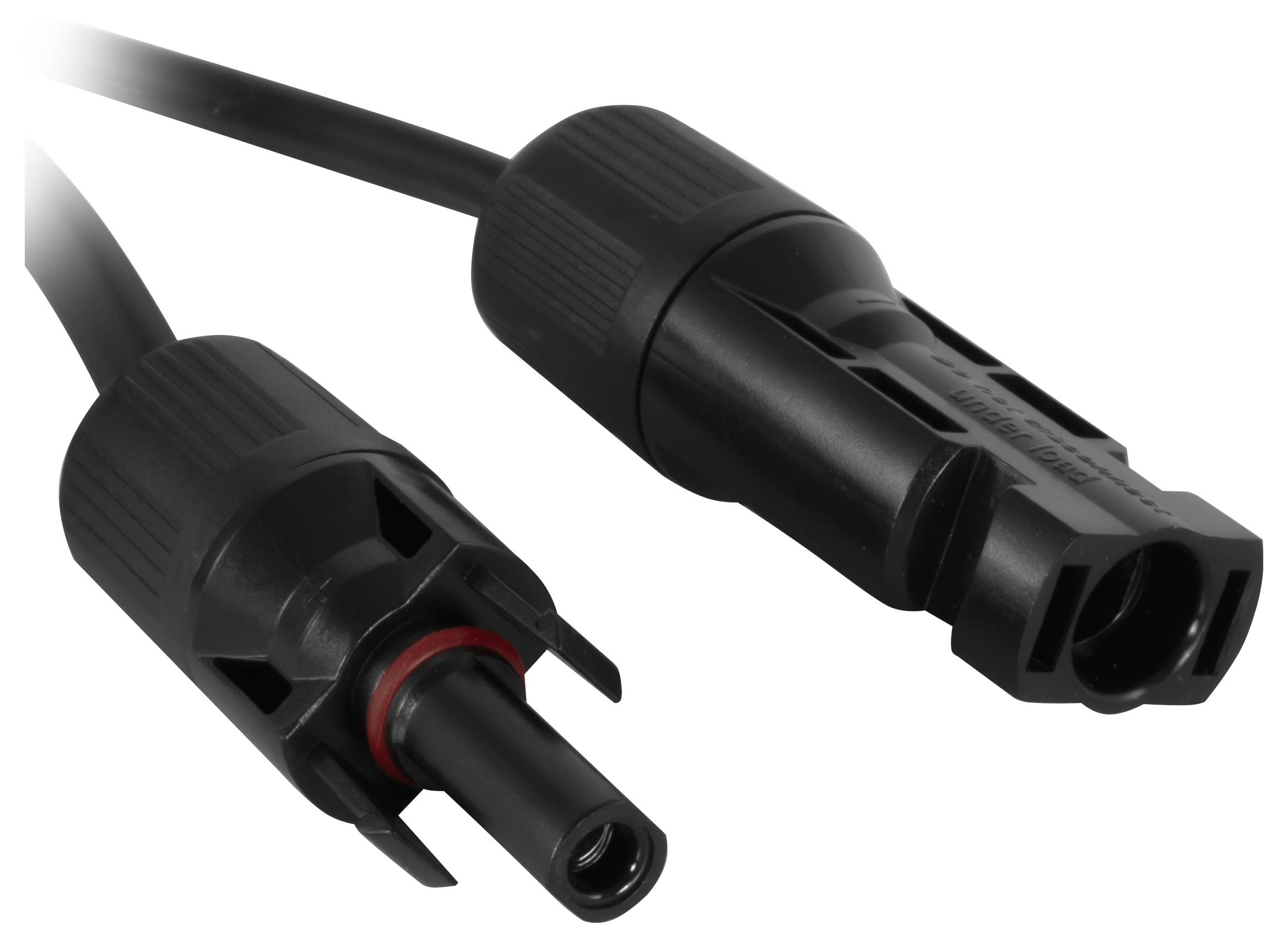 Detaljeret billede af en sort solpanelstik-kabel med hanstik og huntik i MC4-stil, hvor det ene viser en rød forseglingsring.