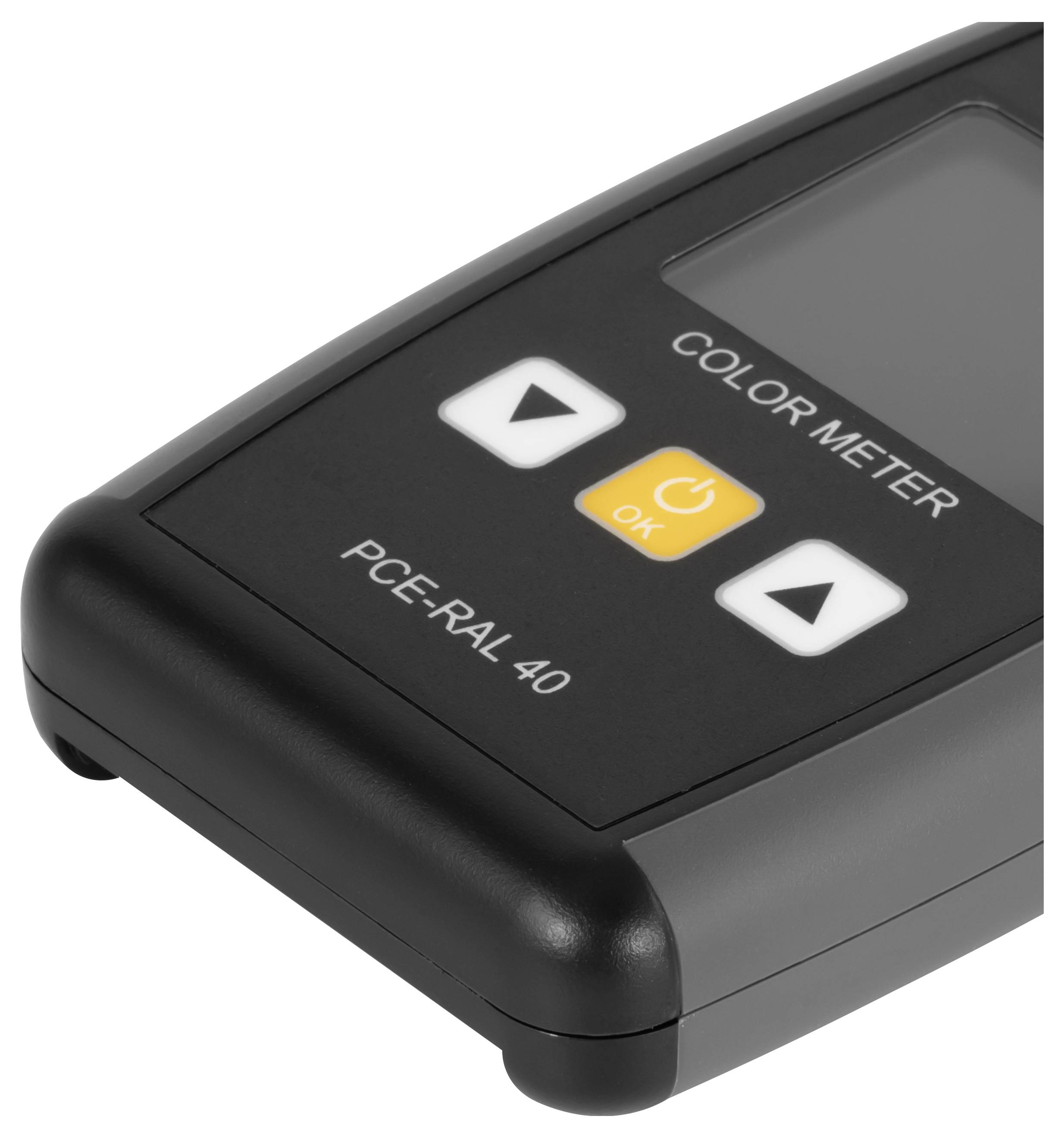 Sorteret håndholdt farveudmåler-enhed mærket "COLOR METER" og "PCE-RAL 40" med et display og tre kontrolknapper.