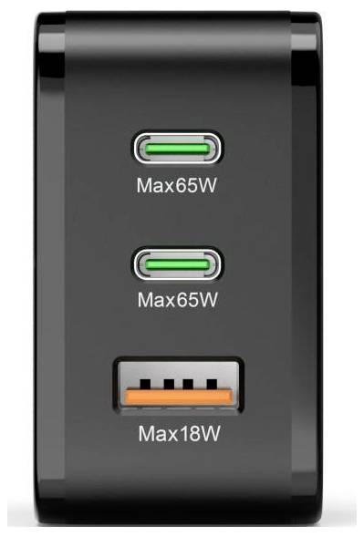 Sort vægoplader med to USB-C-porte mærket 'Max65W' og én USB-A-port mærket 'Max18W'.