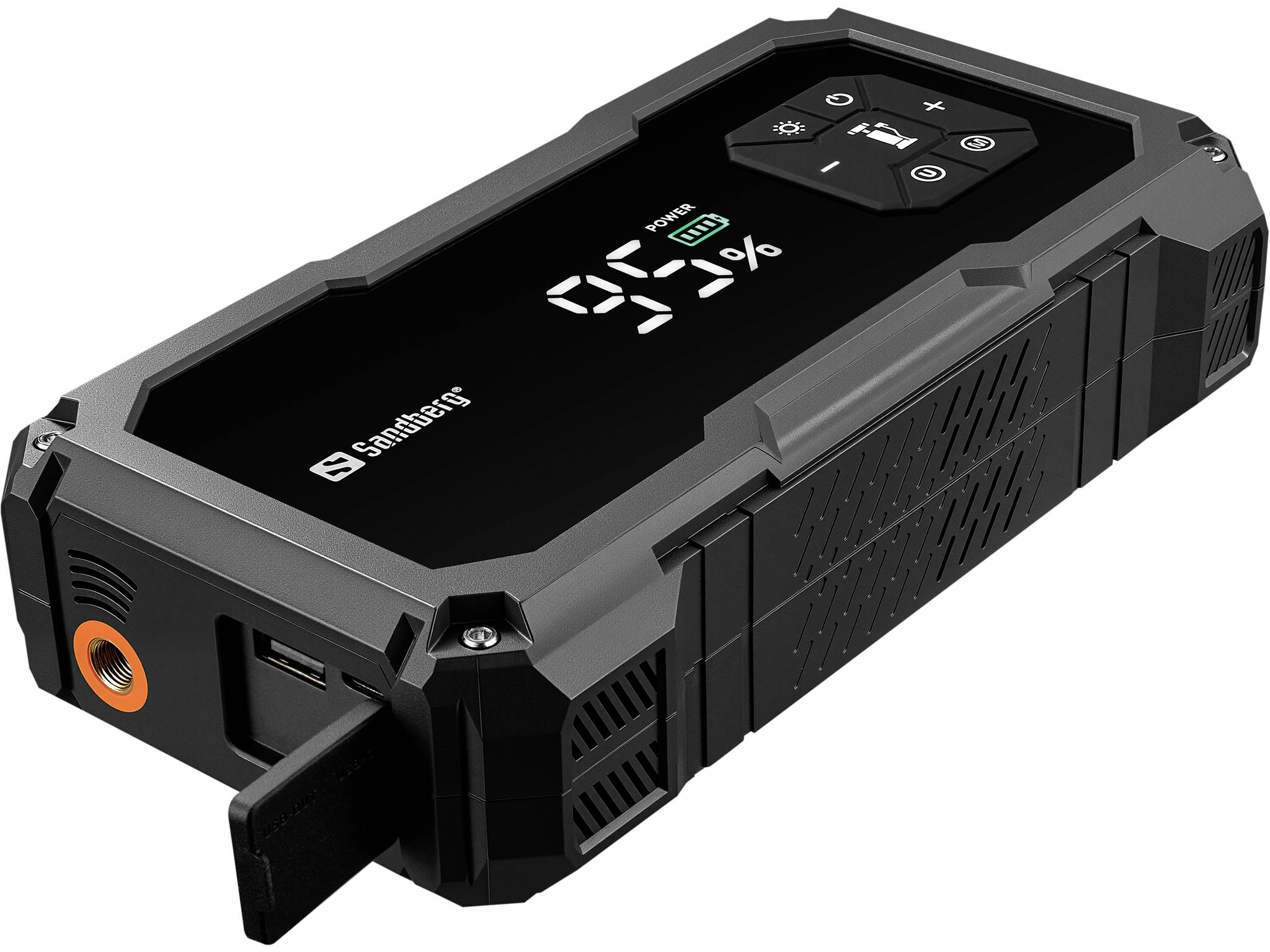 Bærbart startbatteripakke, der viser 92 % opladning, med USB-porte og indbyggede kontrolelementer til blinklys.
