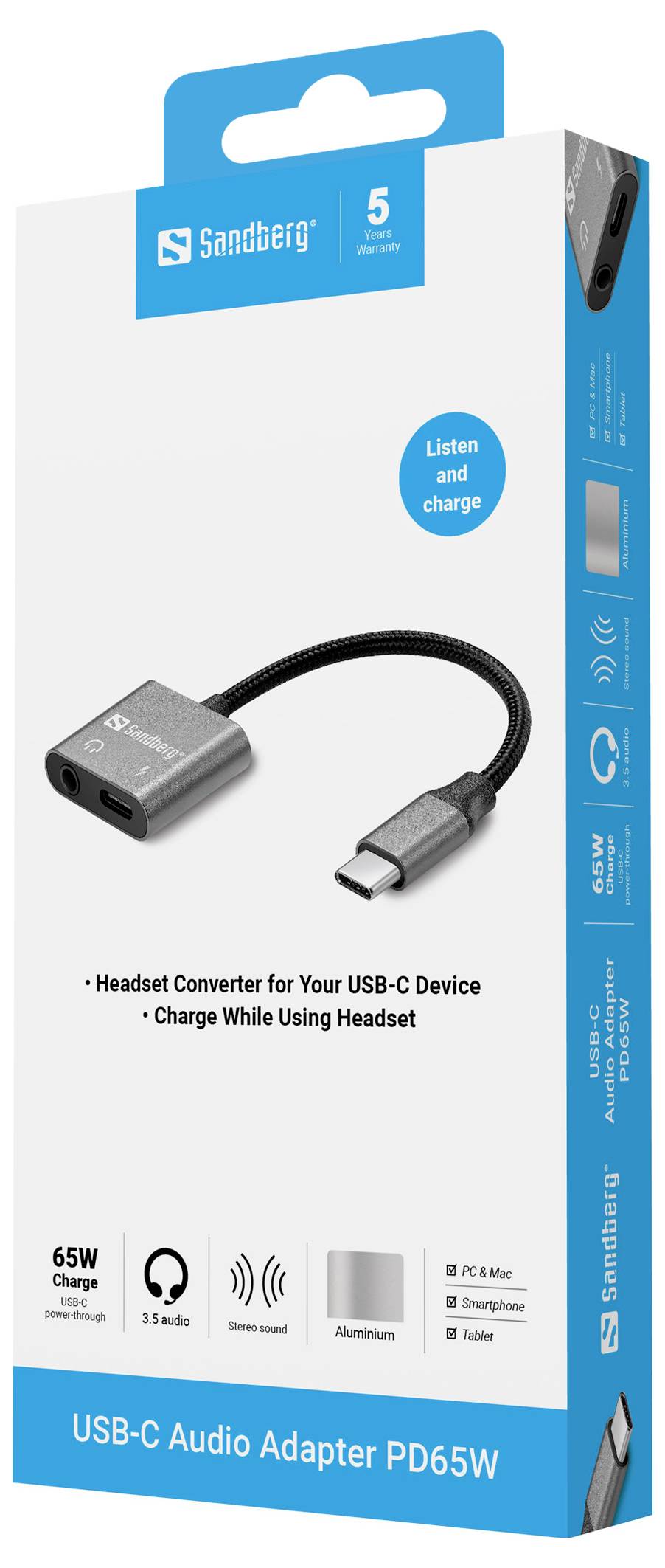 Sandberg USB-C Audio Adapter PD65W-æske, der viser en USB-C til 3,5 mm headset-adapter med opladningsstøtte til USB-C-enheder.