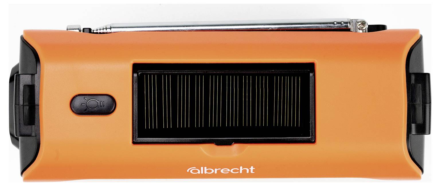 Orange Albrecht bærbar solarcelle-radio med integreret solarpanel og antenne på toppen.