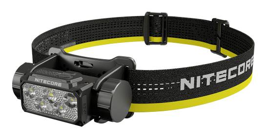 Sort Nitecore pandebånd med justerbart elastisk bånd og frontal LED-lysmodul, vist på hvid baggrund.