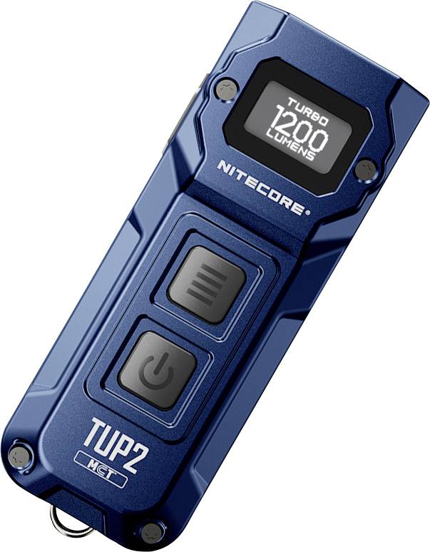 Blå Nitecore TIP2 LED-nøglekædetørlygte, mærket "Turbo 1200 Lumens" og "TIP2", vist på hvid baggrund.