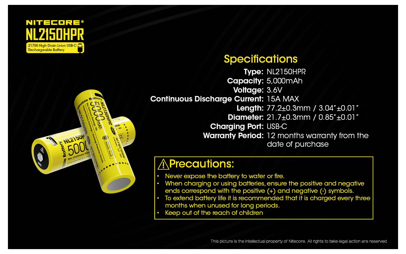 Produktbillede af Nitecore NL2150HPR genopladeligt lithium-ion batteri, som viser specifikationer og forsigtighedsregler: 5000mAh, 3,6V, 15A afladning, 21700 størrelse.