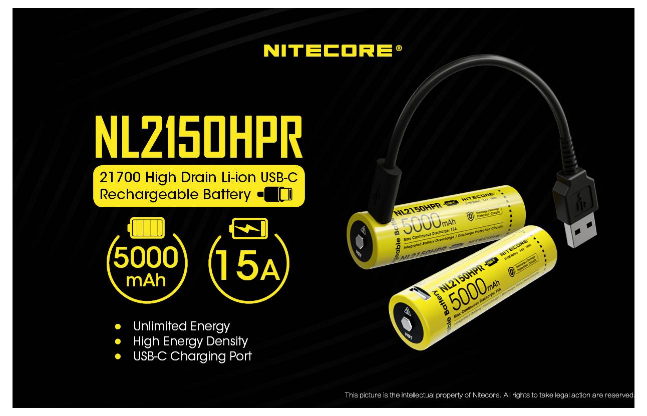 Nitecore NL2150HPR genopladeligt 21700 Li-ion USB-C batteri-annoncer, der viser 5000 mAh kapacitet, 15A output og inkluderet USB-C opladerkabel.