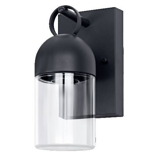 Sort vægmonteret udendørslys med klart cylindrisk glaskuppel og hvælvet top.