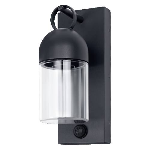 Sort vægmonteret udendørslanterne med en klar cylindrisk glaskuppel og afrundet top, vist på hvid baggrund.