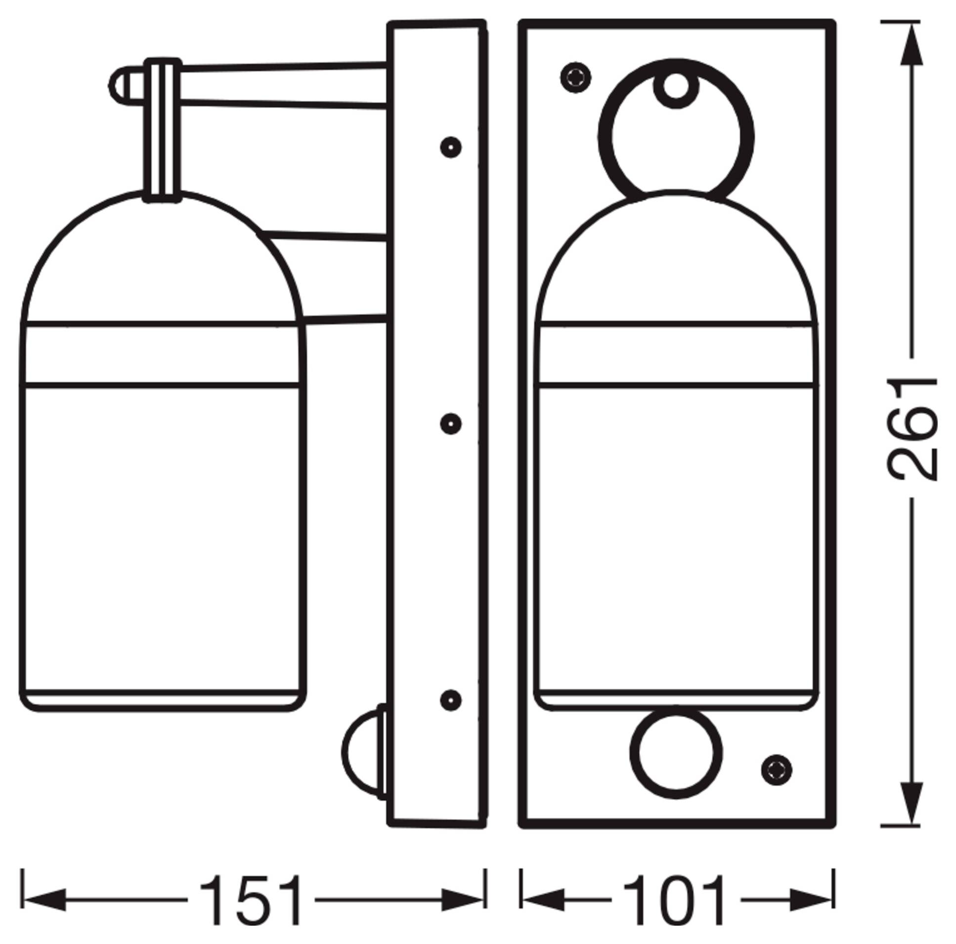 Teknisk tegning af en vægmonteret cylindrisk enhed vist i front- og sidevisninger, med dimensioner 151 bred og 261 høj, og 101 dyb.