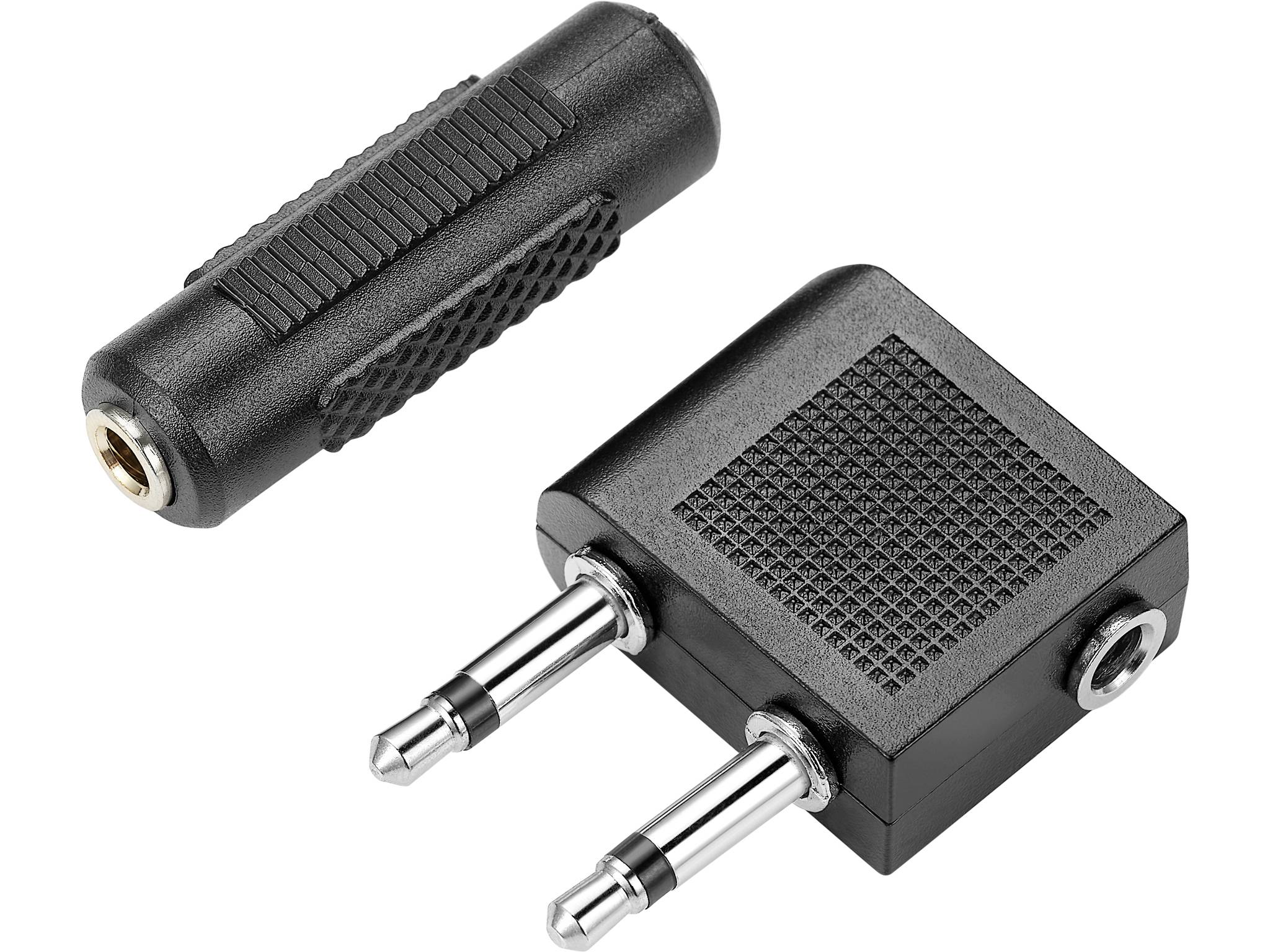 To lyd-adapterstik på sort på hvid baggrund: et 3,5 mm hunstik og en dobbelt 3,5 mm handelt splitteradapter.