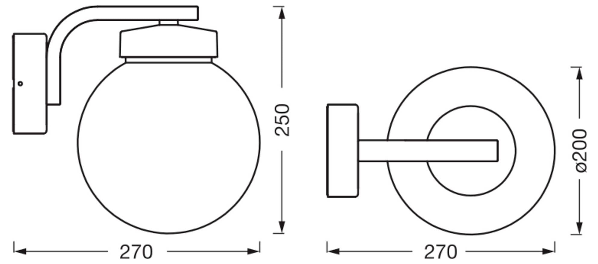 Teknisk tegning af en væg-monteret sfærisk lysarmatur vist fra side- og frontvisninger, med dimensioner 270 bred, 250 høj og 200 diameter.
