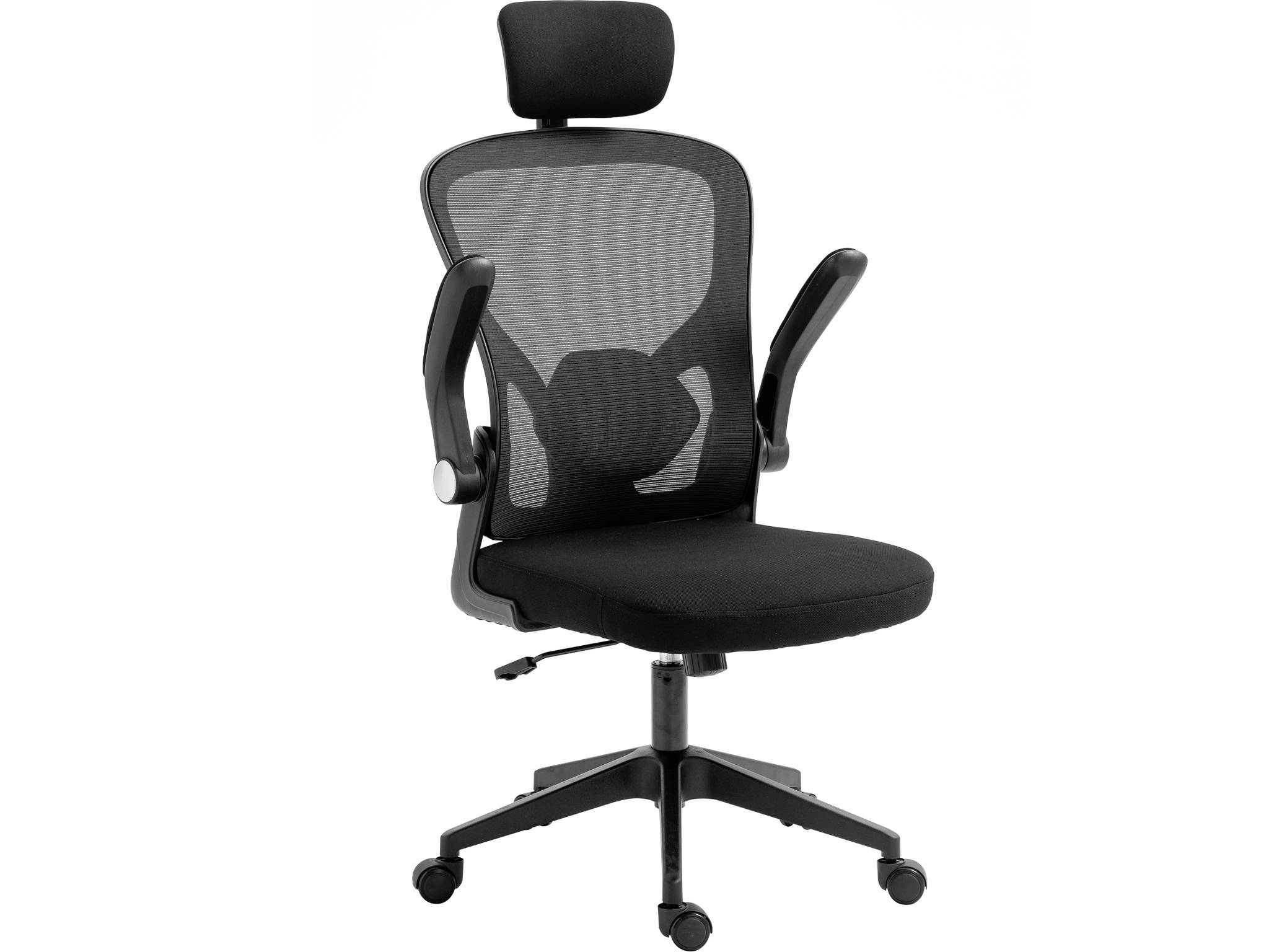 Sort ergonomisk kontorStol med netryg, nakkestøtte, armlæn, polstret sæde og fem-hjulet base på hvid baggrund.